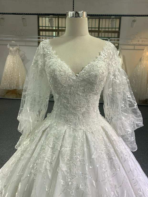 BYG lantern sleeves V neck wedding dress