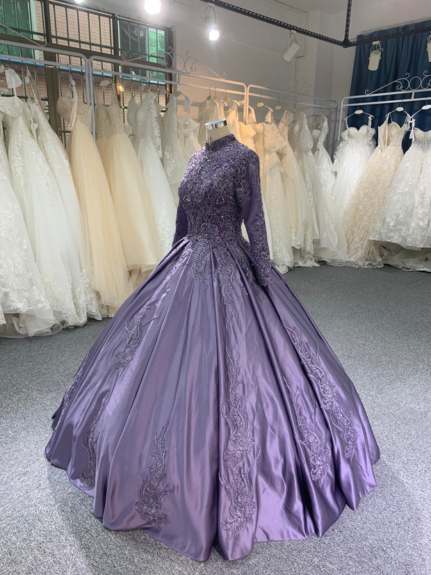 BYG Muslim purple long sleeves wedding dress